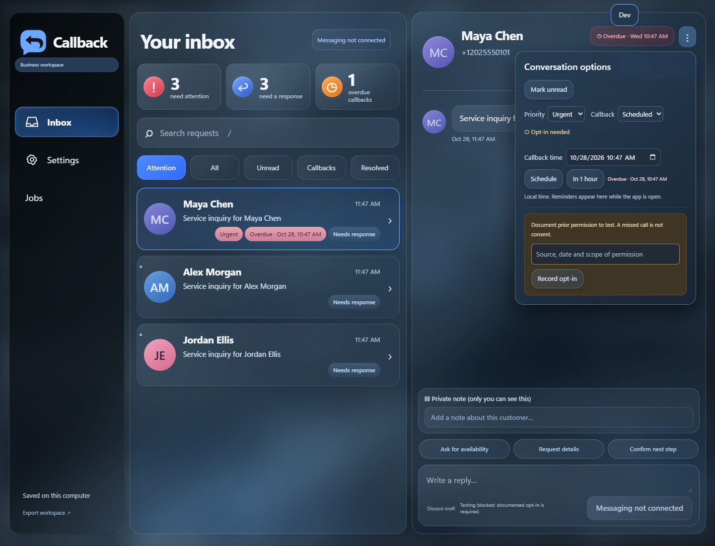 Callback development inbox with fictional test inquiries, an attention queue, and a disconnected messaging status.